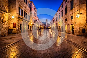 Famous Stradun street at night, Dubrovnik town. photo