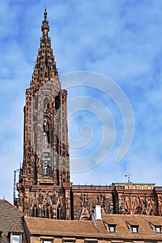 Famous Strasbourg Cathedral tower in France in romanesque and gothic architecture