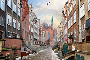 Famous street of Gdansk, Mariacka street, view on St Mary`s Church, Poland