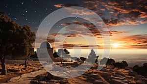 Famous sunset silhouettes old ruins, majestic mountains, and tranquil coastlines generated by AI