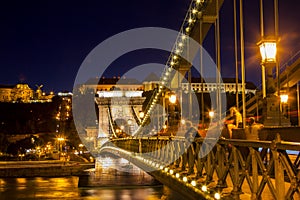 The famous SzÃ©chenyi Chain Bridge at night, Budapest, Hungary