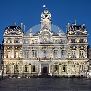 The famous Terreaux square in Lyon city by night