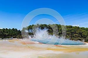 Famous thermal lake Champagne Pool in Wai-O-Tapu thermanl wonderland in Rotorua