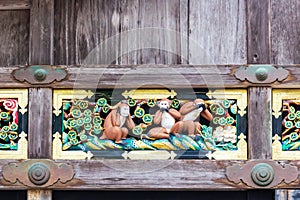 Famous three Wise Monkeys at the Nikko Toshogu Shrine temple in Nikko