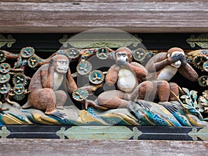 Famous three Wise Monkeys at the Toshogu Shrine in Nikko, Japan.