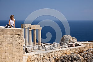Famous tourist attraction, ruins of an ancient acropolis from the Greek empire ages, next to Lindos, Rhodes, Greece.