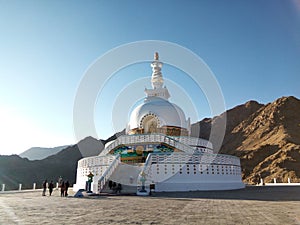 Famous tourist attraction Serene Shanti Stupa, Peace Pagoda near Leh, Ladakh, Jammu and Kashmir, India