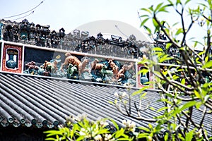 The famous tourist attractions in Guangzhou city Chinese Chen ancestral hall, on the roof with lime moulding process and Shiwan po