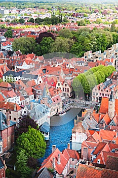 Famous tourist destination for photos in Bruges, Belgium. Aerial view, view from the Belfort tower.