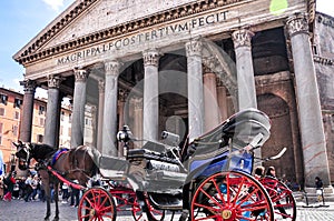 Famous tourist horse carriage in front of ancient roman temple Pantheon commissioned by Marcus Agrippa during the reign of photo