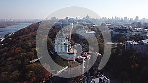 Famous touristic places in Kyiv aerial view to Saint Andrew Church in hystoric center of Kiev, Ukraine