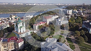 Famous touristic places in Kyiv aerial view to Saint Andrew Church in hystoric center of Kiev, Ukraine