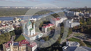 Famous touristic places in Kyiv aerial view to Saint Andrew Church in hystoric center of Kiev, Ukraine