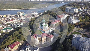 Famous touristic places in Kyiv aerial view to Saint Andrew Church in hystoric center of Kiev, Ukraine