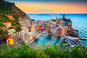 Famous touristic town of Liguria with beaches and colorful houses