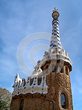 Famous tower at the entrance of the Park GÃ¼ell with remarkable architecture