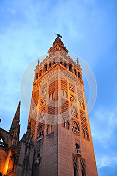 Giralda tower at sunset, Cathedral of Seville, Andalusia, Spain