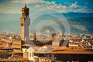 Famous tower of Palazzo Vecchio or Palazzo della Signoria The Old Palace. Aerial view from Giotto`s Campanile