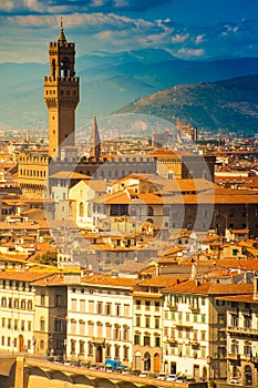 Famous tower of Palazzo Vecchio or Palazzo della Signoria The Old Palace. Aerial view from Giotto`s Campanile