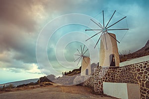 The famous tradition windmills on Crete island, Lassithi, Greece