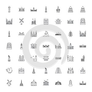 Famous travel landmarks linear icons, signs, symbols vector line illustration set