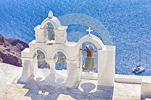 Famous Travel places. Traditional Greek Archetecture. Church in Oia Village in Santorini Island in Greece. Classic Church With