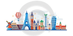 Famous travel and touristic landmarks. Vector flat illustration. World travel concept. Horizontal banner, poster design