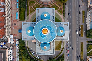 The famous Trinity Cathedral with blue domes and gilded stars, aerial top view of the historic part of the city of Staint-