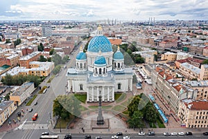 The famous Trinity Cathedral with blue domes and gilded stars, view of the historic part of the city of Staint-Petersburg, typical