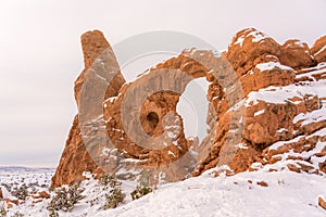Famous Turret Arch in the Arches National Park, Utah USA during winter
