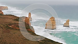 Famous twelve apostles at sunrise, great ocean road in victoria, australia. Drone viewpoint