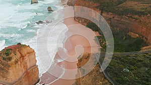 Famous twelve apostles at sunrise, great ocean road in victoria, australia. Drone viewpoint