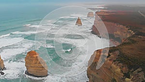 Famous twelve apostles at sunrise, great ocean road in victoria, australia. Drone viewpoint