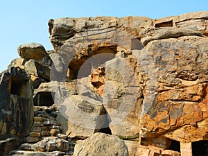 A famous two-storied Cave curved out of yellow sand stones in Udaygiri Hill