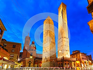 Famous Two Towers of Bologna at night, Italy photo