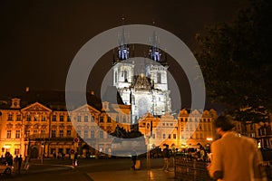 Famous Tyn Church in Prague on Old Town Square in the evening light, Czech Republic