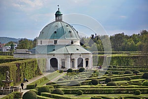 Famous Unesco gardens in Kromeriz town in Czech Republic with its green gardens in symmetrical pattern and decorated chateau