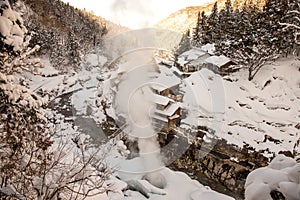 A famous valley hot spring covered in snow at Yamanouchi in Nagano.