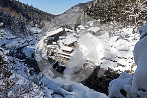 A famous valley hot spring covered in snow at Yamanouchi in Nagano.