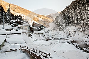 A famous valley hot spring covered in snow at Yamanouchi in Nagano.