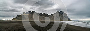 Famous Vestrahorn peak above the black sand beach in Iceland