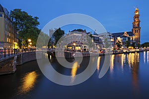 Famous view of Amsterdam Canal by night