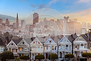 Famous view of  downtown San Francisco at Alamo Square