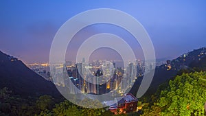 The famous view of Hong Kong from Victoria Peak night to day timelapse. Taken before sunrise with colorful clouds over