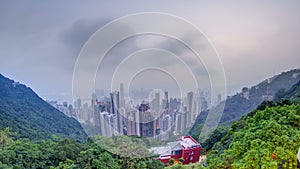 The famous view of Hong Kong from Victoria Peak night to day timelapse. Taken before sunrise with colorful clouds over