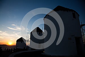 famous view Traditional windmills on the island Mykonos, Greece