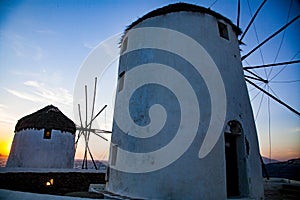 famous view Traditional windmills on the island Mykonos, Greece