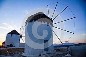 famous view Traditional windmills on the island Mykonos, Greece