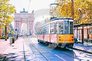 Famous vintage tram in Milan, Lombardia, Italy