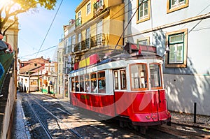 Famous vintage tram in the street of Alfama, Lisbon, Portugal